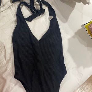 Black open back one piece bathing suit